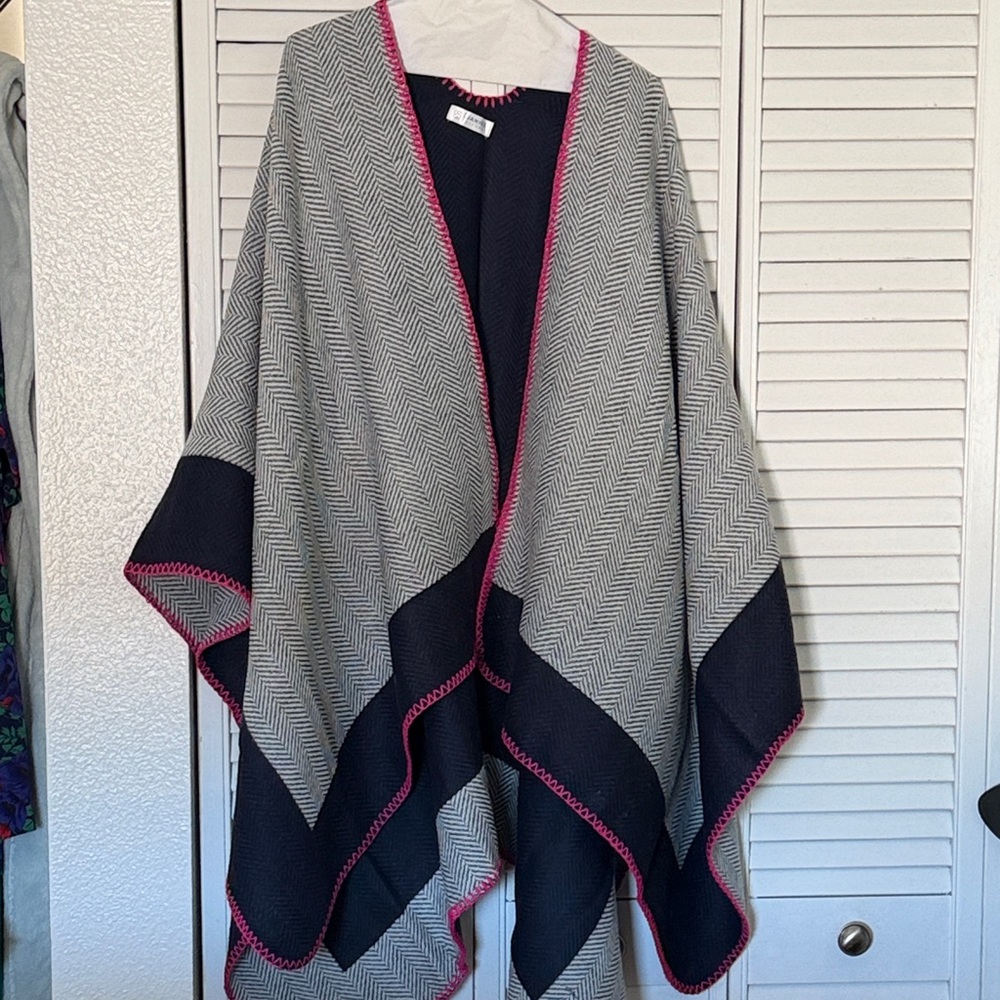 Gray and Navy Poncho with Pink Trim
